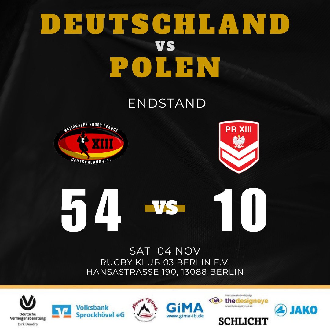 Endstand zwischen Deutschland und Polen in Berlin. Wir Danken unseren Zuschauern für die Unterstützung. Vielen Dank auch an @polska_rugby_league dass ihr den Weg nach Berlin auf euch genommen habt.

#NRLD #RugbyLeague #RugbyLeagueDeutschland #DieDreizehn #XIII #LoveRugbyLeague