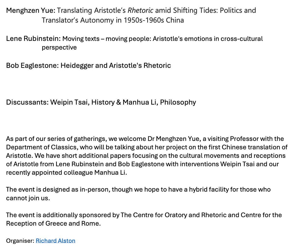 ClassicsRHUL's tweet photo. We are pleased to announce 'Texts in Transit: Aristotle - Cultural Translations of Rhetoric &amp; Emotion' (Nov 29, 2-4.15, Windsor 0-05/TEAMS) @LLC_RHUL /@HARIrhul. The event is also sponsored by @COR_RHUL and the Centre for the Reception of Greece &amp; Rome #Classics #ClassicsTwitter https://t.co/sPKhfb8U0Q