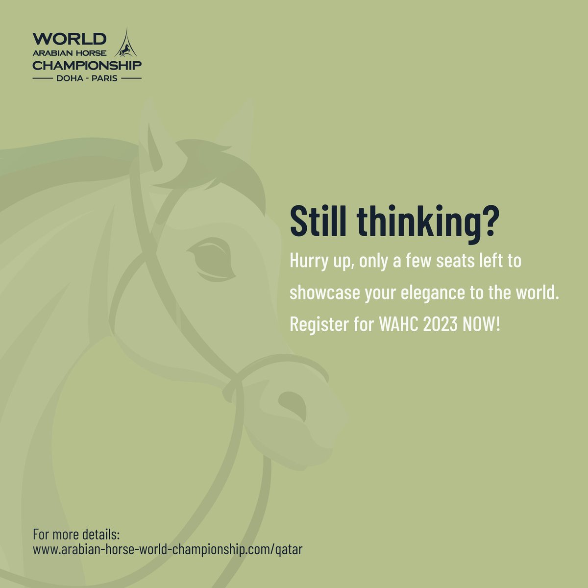 kataraqatar's tweet photo. Still thinking?
Act swiftly, as only a few seats remain to display your grace to the world.
Register for WAHC 2023 immediately!
#ParisDoha #arabianhorse
#arabhorse #arabian_horse
#horsesofinstagram
#arabianhorseshow
#horses_of_instagram
#Qatar #Doha https://t.co/shWrU6PJ0S