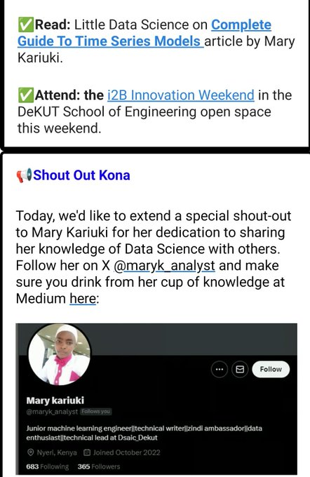 Last week I stumbled upon an incredible machine learning article by
<a href="/maryk_analyst/">Mary kariuki</a>
! Huge shoutout to her and the amazing work of
<a href="/dsaic_dekut/">Data Science and Artificial Intelligence Club</a>
. 📷Link to the article medium.com/@marykariuki90… to the newsletter :thetechkona.beehiiv.com