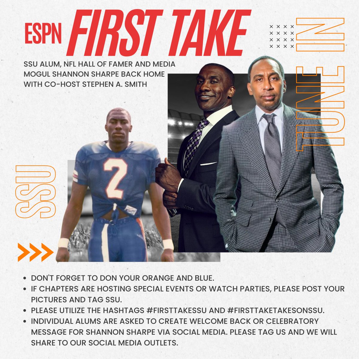 Tune in live Monday morning as @FirstTake goes live from the #UniversitybytheSea! Let's show our support for @shannonsharpe84 and share your best #welcomehomeshannnon videos in your #SSU orange and blue! #FirstTakeSSU