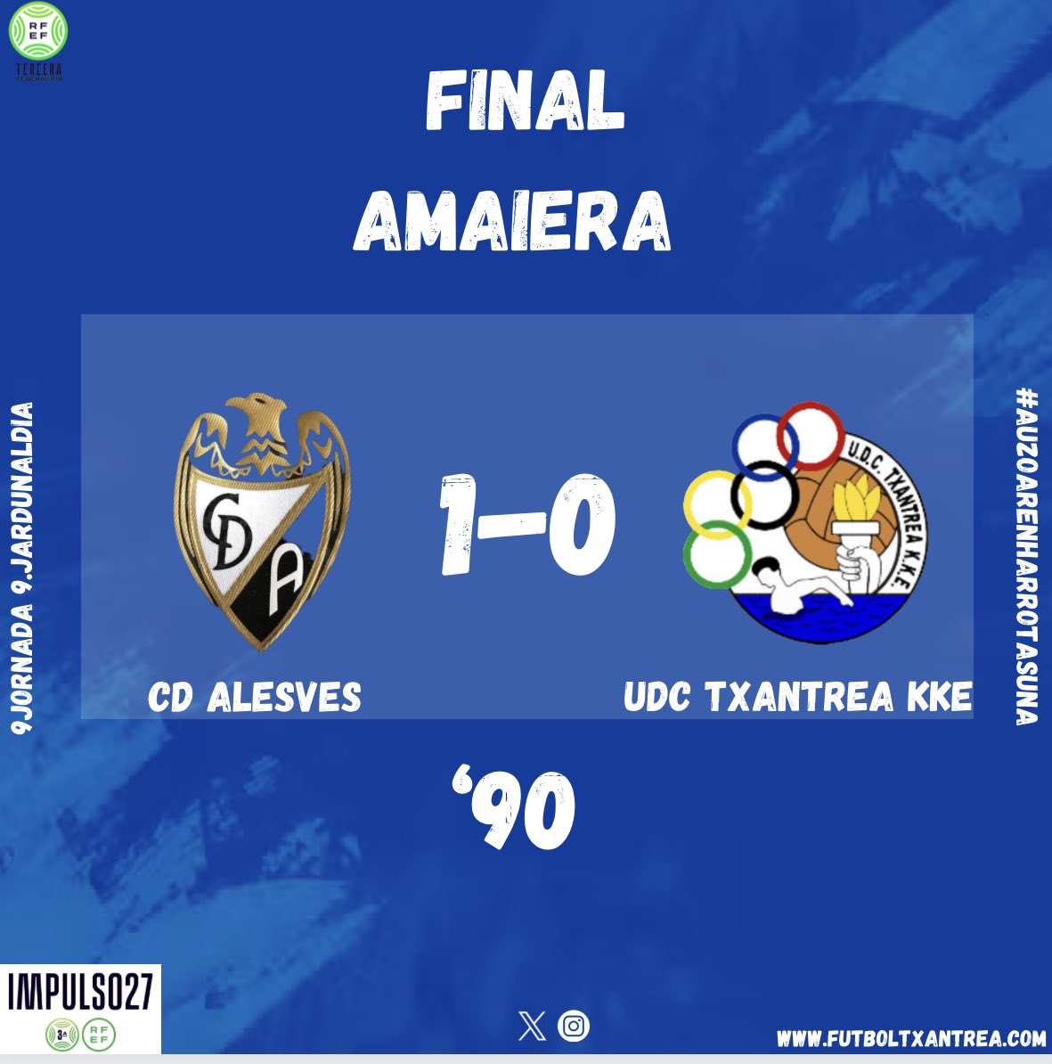 🏁 𝗙𝗜𝗡𝗔𝗟 / 𝗔𝗠𝗔𝗜𝗘𝗥𝗔

<a href="/CDALESVES/">C.D.ALESVES</a> 1️⃣-0️⃣ <a href="/udcTxantrea/">U.D.C TXANTREA K.K.E</a> 

#AlesvesTxantrea #Txantrea