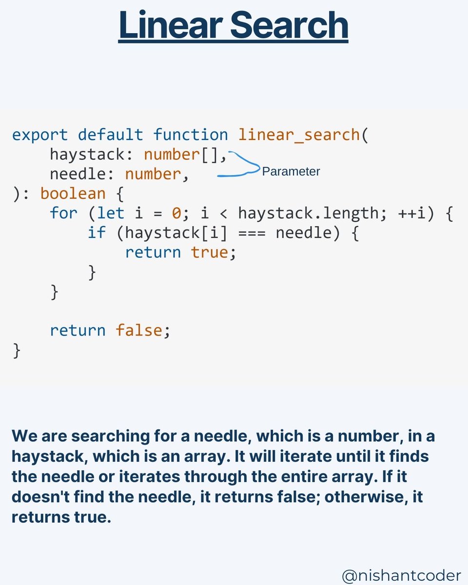 NishantWeb3's tweet image. Linear search is like scanning a book page by page to find a specific word. It goes through each element in a list one by one until the target is found. It's simple but not efficient for large datasets. #LinearSearch #SearchingAlgorithms #nishantcoder #dsa #ThePrimeagen #coding