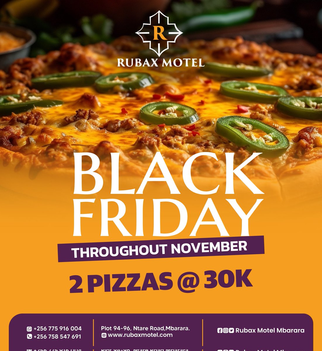 So_Ugandani's tweet photo. Don't miss out on the ultimate #BlackFriday deal at Rubax Motel! Grab 2 mouthwatering pizzas for just 30k. https://t.co/xru2ozbs0b