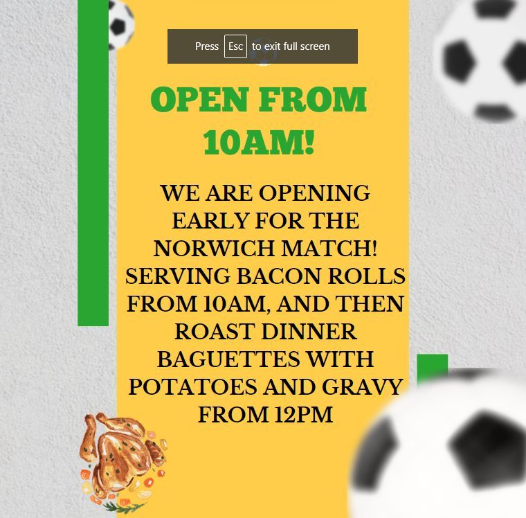 TheCoachCHB's tweet photo. We are open from 10AM Tomorrow before the Norwich match and will have bacon rolls on the go for all those who missed breakfast!
Due to being very busy replacing our usual roast dinners will be equally fantastic roast dinner baguettes served with roasties and gravy! https://t.co/aRRP97kTGH