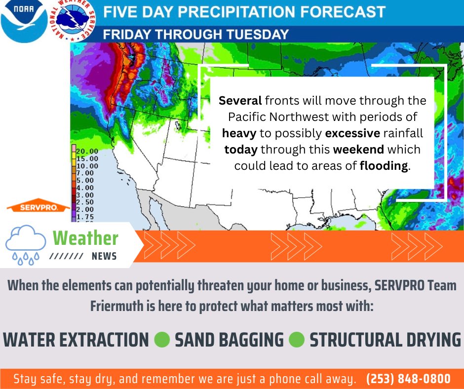 In the event that your home or business experiences damage due to the foreseen rain and potential flooding, we encourage you to contact your local SERVPRO at (253) 848-0800. #PacificNorthwest #Flood #WaterDamage #SERVPRO #OneTeam