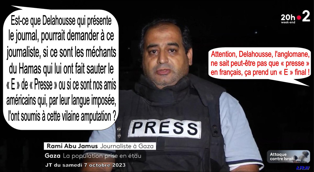 Ouralou (@houraloup) on Twitter photo PRESSion sur le français pour qu'il disparaisse de la scène internationale ?
CC : <a href="/LaurentDelahous/">Laurent Delahousse</a>
#journalistes #information #Arcom
<a href="/Arcom_fr/">Arcom</a> <a href="/romaistre/">Roch-Olivier Maistre</a> <a href="/ncurien/">Nicolas Curien</a>
#JT20H #info #anglicisation
<a href="/MediateurFTV/">Médiateur France Télévisions</a> #PRESSE #Info
#France2 #francetv #défrancisation #JeBalanceLesAngliciseurs PRESSion sur le français pour qu'il disparaisse de la scène internationale ?
CC : <a href="/LaurentDelahous/">Laurent Delahousse</a>
#journalistes #information #Arcom
<a href="/Arcom_fr/">Arcom</a> <a href="/romaistre/">Roch-Olivier Maistre</a> <a href="/ncurien/">Nicolas Curien</a>
#JT20H #info #anglicisation
<a href="/MediateurFTV/">Médiateur France Télévisions</a> #PRESSE #Info
#France2 #francetv #défrancisation #JeBalanceLesAngliciseurs