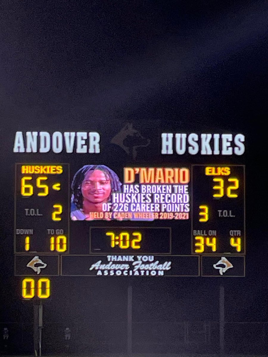 Dmario (@dmario157376802) on Twitter photo Just want to thank god and my family for believing in me broke the school record <a href="/AndoverHuskies/">Andover HS Football</a> Just want to thank god and my family for believing in me broke the school record <a href="/AndoverHuskies/">Andover HS Football</a>