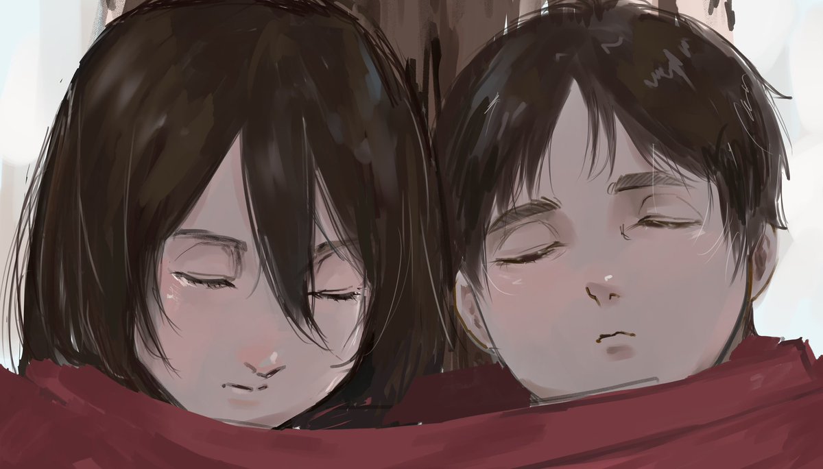 eren yeager ,mikasa ackerman 1girl 1boy scarf shared clothes closed eyes shared scarf black hair  illustration images