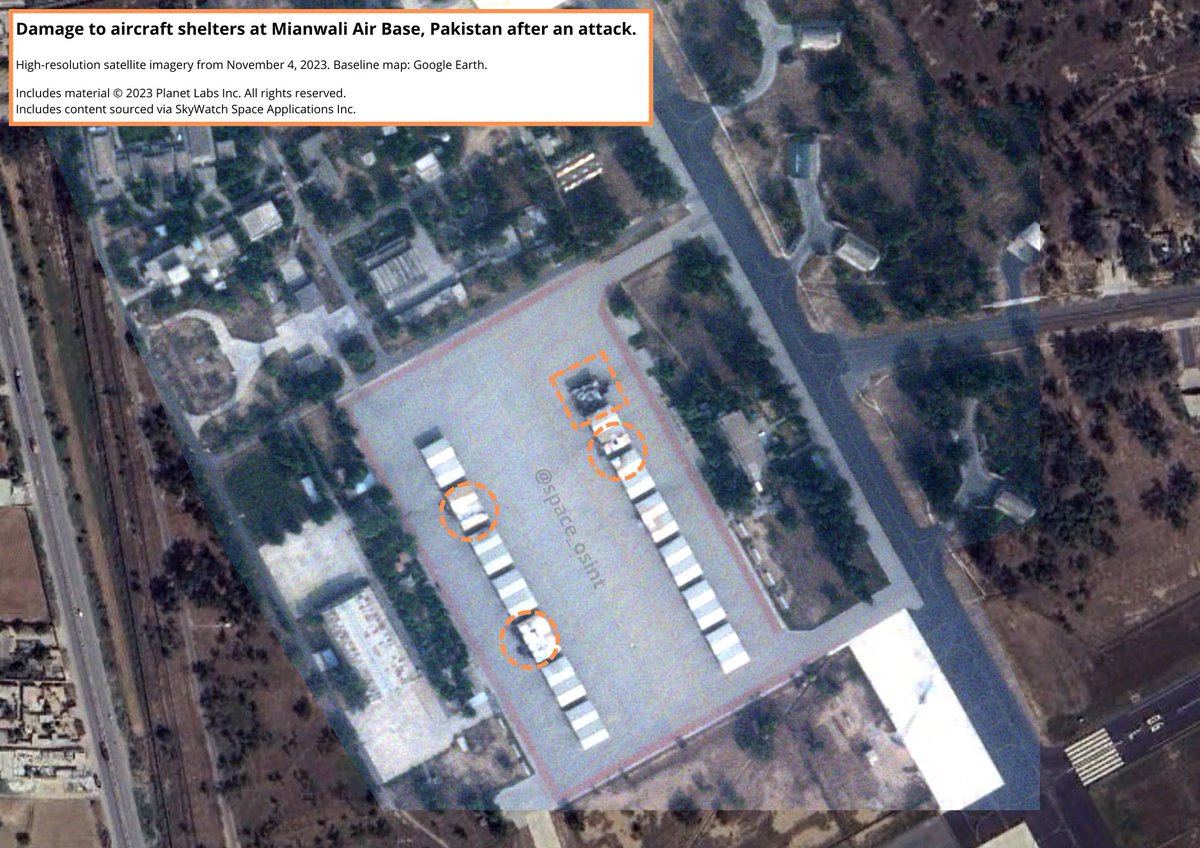 High-resolution imagery confirms one aircraft shelter is destroyed and several others are likely damaged after an attack on Mianwali AB, Pakistan (🇵🇰) earlier today. The military said three non-operational aircraft were damaged, but these are not visible on satellite imagery.