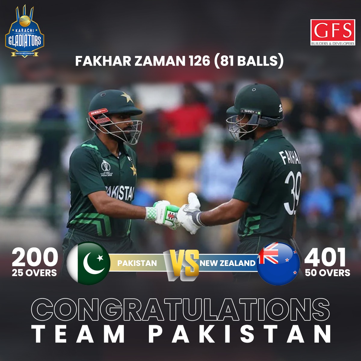 khigladiators's tweet photo. 🇵🇰 Congratulations, Team Pakistan! 🏆🌟
In an incredible victory against New Zealand, Fakhar Zaman stole the show with an outstanding 126 runs. What a sensational performance! 🏏🙌 #PAKvNZ #FakharZaman #KarachiGladiators https://t.co/kz559Oqi7R