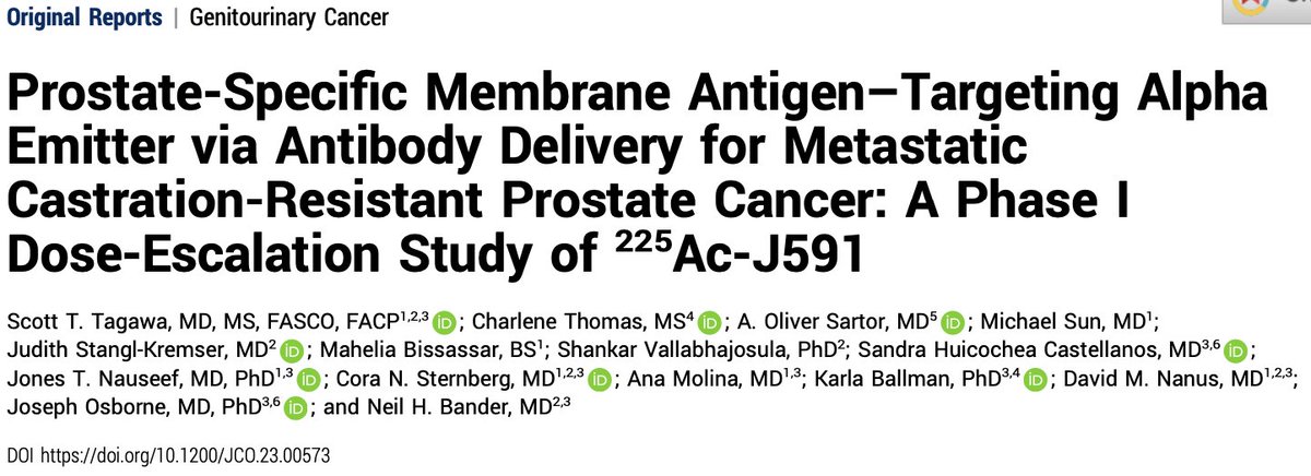 What happens when we use a potent alpha emitter (225Ac) and a monoclonal antibody (J591) in #PSMA-TRT in castration-resistant prostate cancer? Led by @DrScottTagawa, our new publication in @JCO describes safety & preliminary efficacy in dose escalation. A tweetorial! 1/9