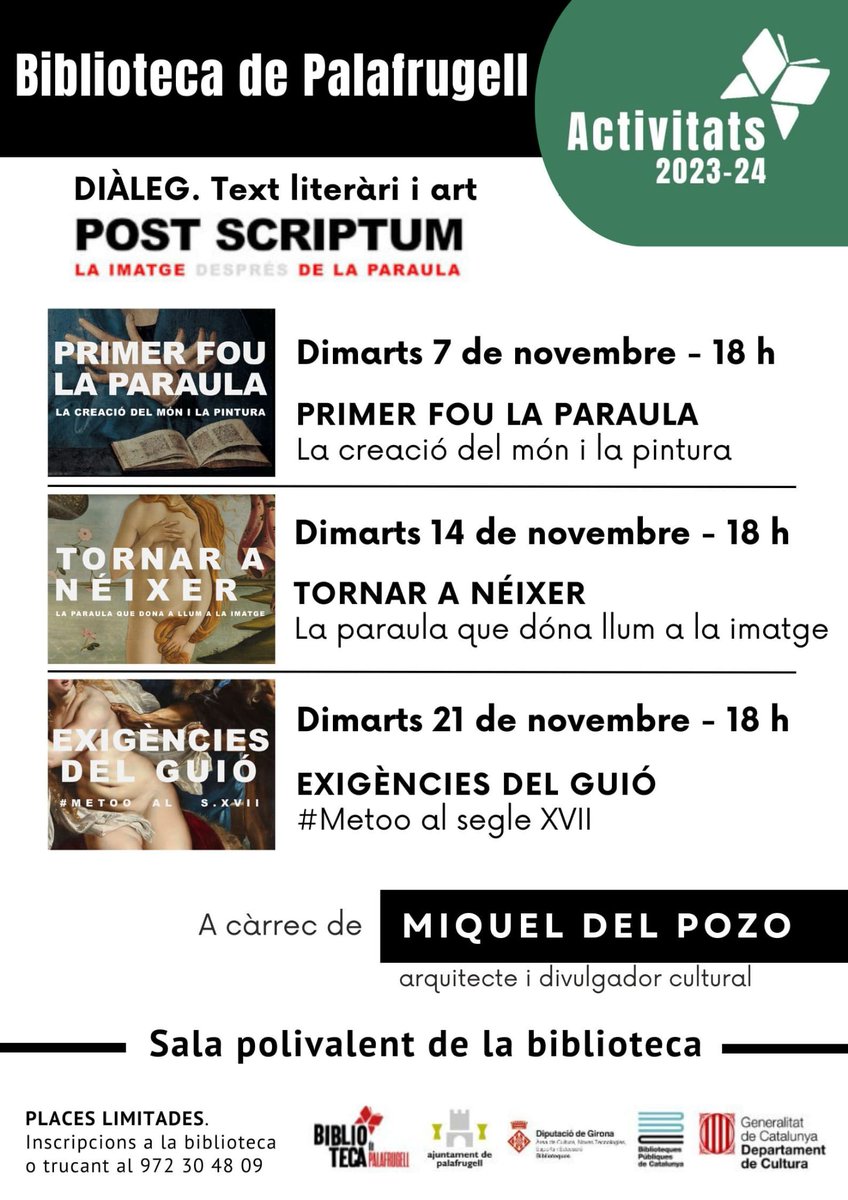 miqueldelpozo's tweet image. Nou cicle de 3 conferències #Postscriptum a la @bibpalafrugell

📆 Dimarts 7, 14 i 21 nov
🕕 18 h
📍#PALAFRUGELL