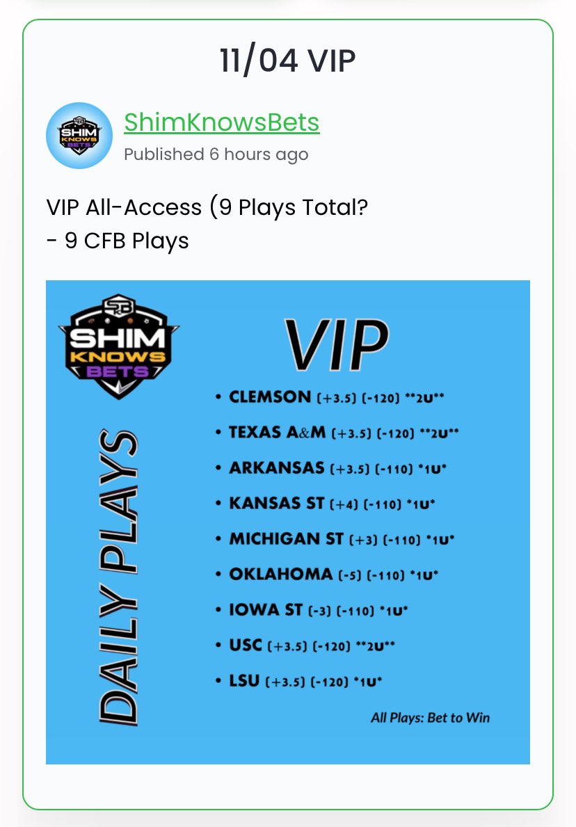 5-0 start to #CFB Saturday, including 2 (2u) MAX play winners! 💰🤑

🔥 11-2-1 (2u) MAX plays this CFB/NFL season
🔥 14-2-1 (2u) MAX plays in year 2023

• CLEMSON (+3.5) **2u** ✅
• TEXAS A&amp;M (+3.5) **2u** ✅
• ARKANSAS (+3.5) *1u* ✅
• KANSAS ST (+4) *1u* ✅
• MICHIGAN ST
