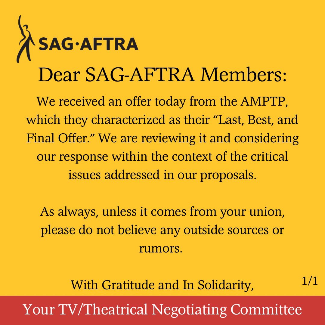DiscussingFilm's tweet photo. SAG-AFTRA have received and are now reviewing a “last, best and final offer” from the studios.

If it doesn’t fulfill all of the needs for actors to continue a sustainable livelihood, SAG won’t accept &amp; it will be 100% on the studios to make a better offer. https://t.co/obCgkH6rhp