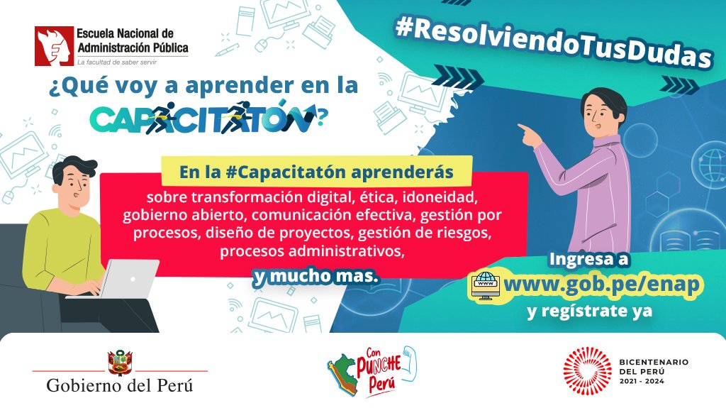 ❗️🤓Sabías que la #Capacitatón trae la propuesta de capacitaciones orientadas en #GestiónPública: gobierno abierto, transformación digital, gestión por procesos, gestión de riesgos, etc.🎯 🔎Revísalos aquí: gob.pe/enap 📣¡Únete y pasa la voz! ¡Todos #ParaServirMejor!