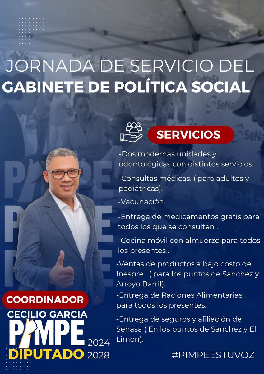 PimpeEsTuVOZ's tweet photo. Para mi es un honor no solo formar parte de esta jornada si no gestionar la misma. Agradecerle a nuestro Presidente Luis Abinader y a Tony Peña por escuchar mi inquietud. 

Están todos invitados a esta gran Jornada De Servició que inicia mañana Domingo 5. https://t.co/sejS2CkDmk