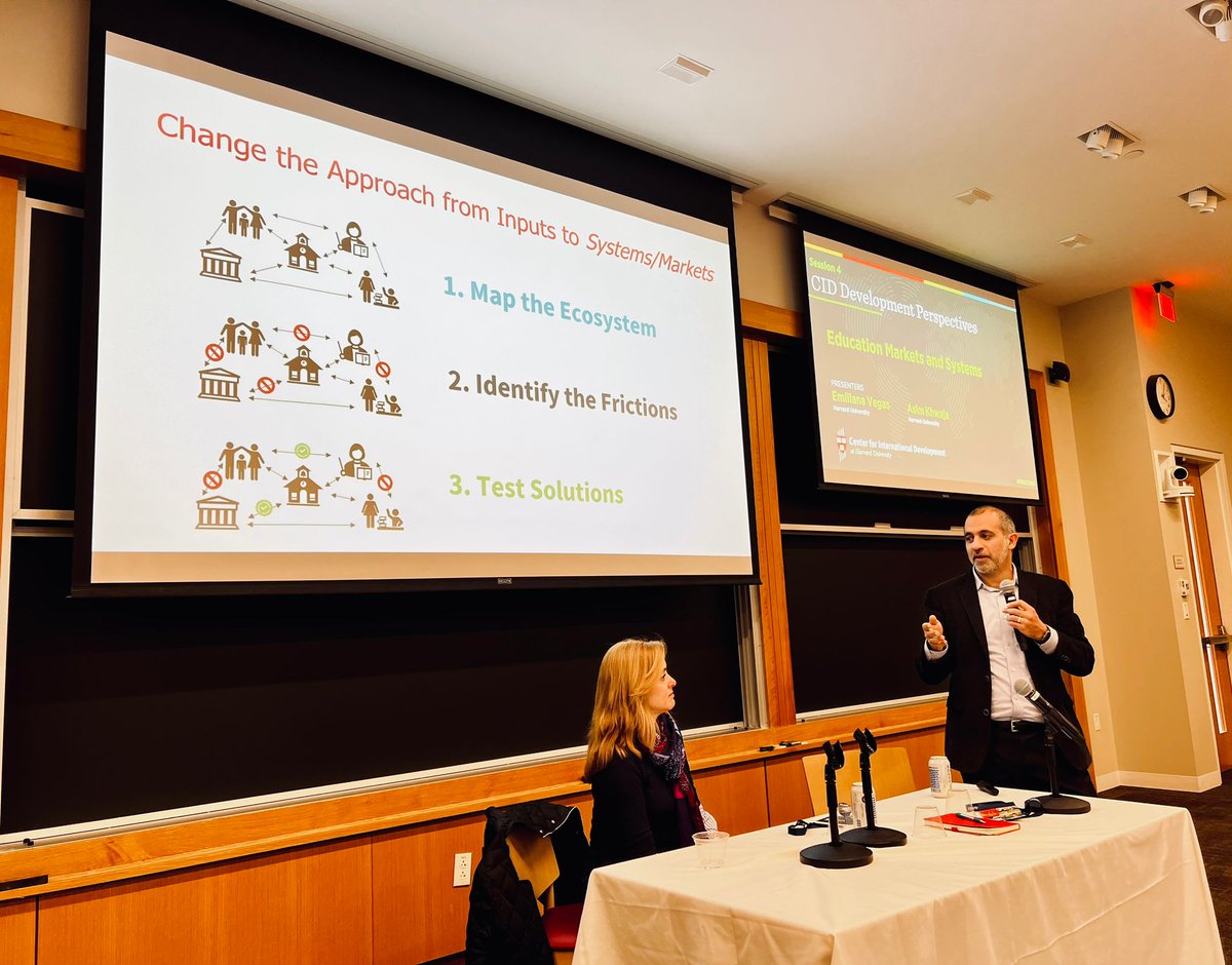 HarvardCID's tweet photo. In #NEUDC2023 #CIDDevelopmentPerspectives "Education Markets and Systems," @aikhwaja and @EmiVegasV presented findings from the approach of focusing on systems/markets, rather than inputs, to improve education with evidence from the LEAPS Program and Chile's systemic reforms. https://t.co/J9z4rS5kKu