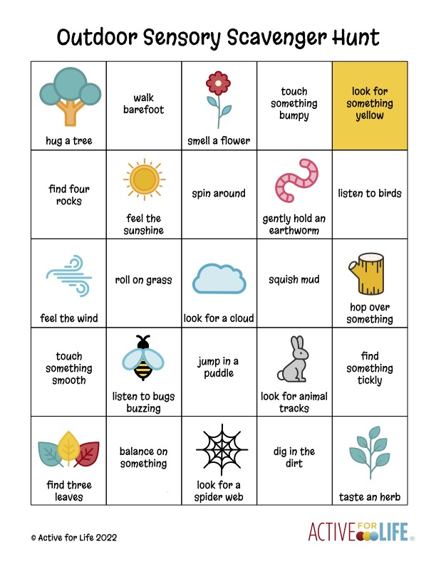 Here’s a list of fun outdoor sensory play activities to invite your young child to try out! You can find this scavenger hunt and print it out here: activeforlife.com/20-outdoor-sen…