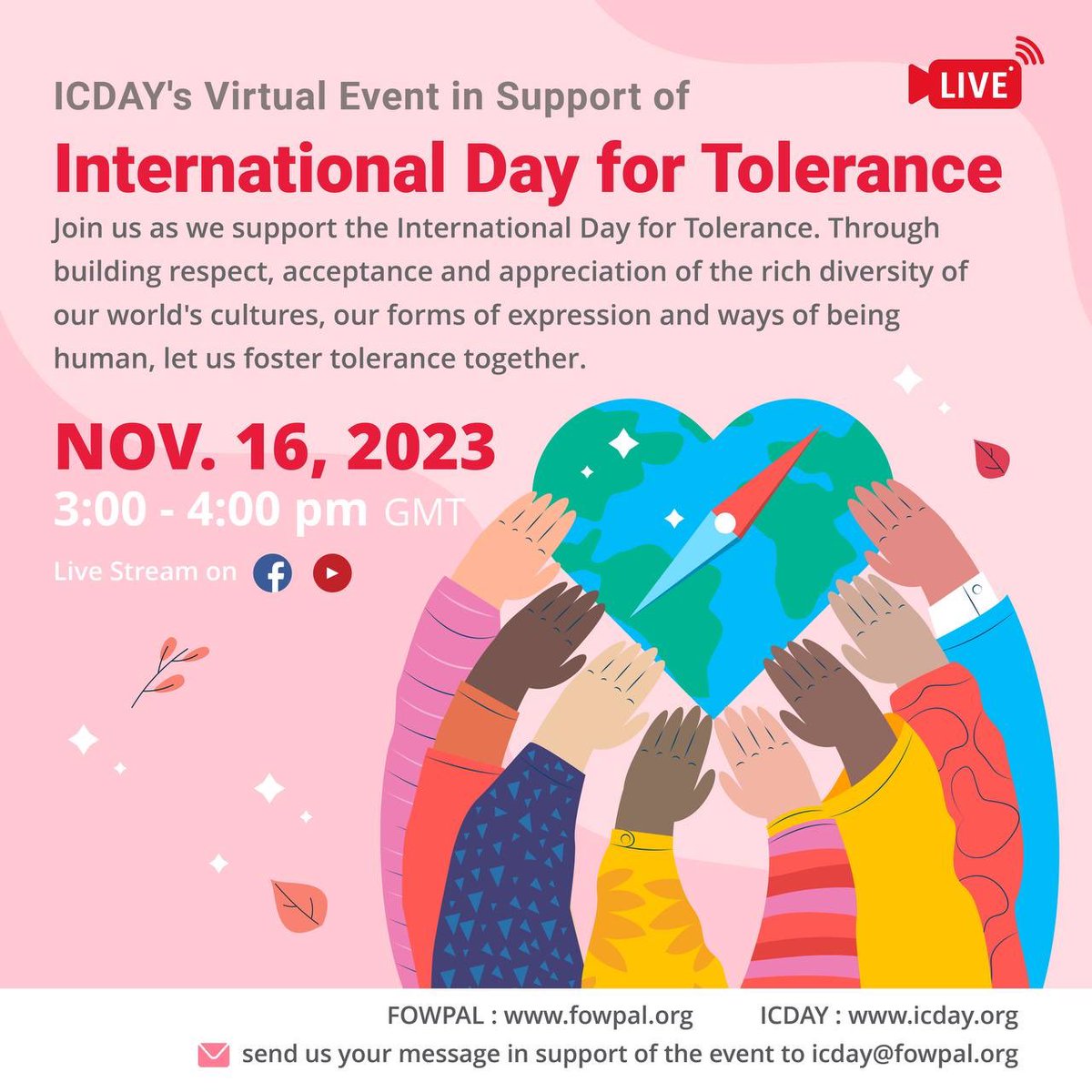 📍Join us as we support the International Day for #Tolerance. Through building respect, acceptance and appreciation of the rich diversity of our world's cultures, our forms of expression and ways of being human, let us foster tolerance together. ▶️youtube.com/live/LAKjs33Pd…