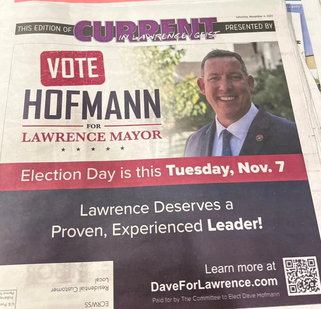Dave Hofmann (@daveforlawrence) on Twitter photo More than 14,000 residences and businesses in Lawrence receive the <a href="/currentingeist/">Current in Lawrence/Geist</a> . I'm proud to help sponsor this weekend's special edition.
Vote tomorrow (11am - 6pm) or Tuesday (6am - 6pm)!!! The future of our great city is on the line. More than 14,000 residences and businesses in Lawrence receive the <a href="/currentingeist/">Current in Lawrence/Geist</a> . I'm proud to help sponsor this weekend's special edition.
Vote tomorrow (11am - 6pm) or Tuesday (6am - 6pm)!!! The future of our great city is on the line.
