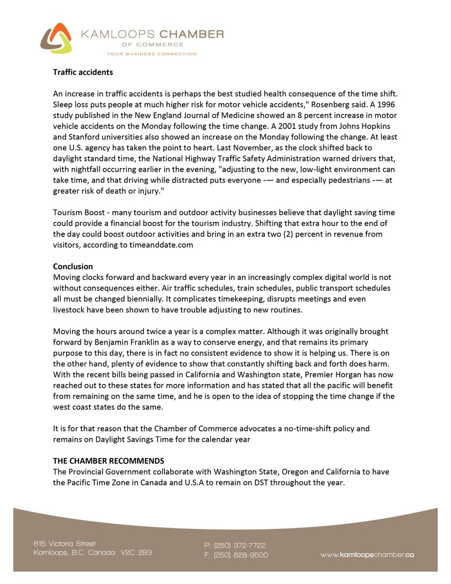 .<a href="/KamloopsChamber/">Kamloops & District Chamber</a> advised permanent DST to #BCLeg, claimed it would help health/safety.

Doctors from <a href="/CanSleepSociety/">Canadian Sleep Society</a>, <a href="/ChronobioCanada/">Canadian Society for Chronobiology</a>, and others warned the opposite, permanent Standard Time is best.

Why should BC MLAs prioritize retail business over public well-being?