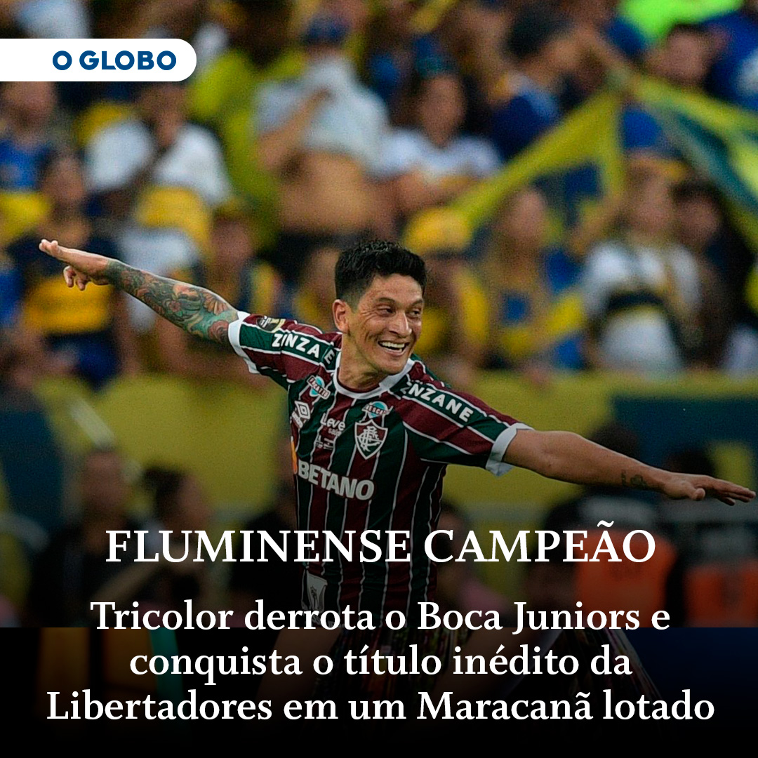JornalOGlobo's tweet image. FLUMINENSE CAMPEÃO | Tricolor derrota Boca Juniors na prorrogação e conquista pela primeira vez o título da Libertadores. glo.bo/3sd7wyS