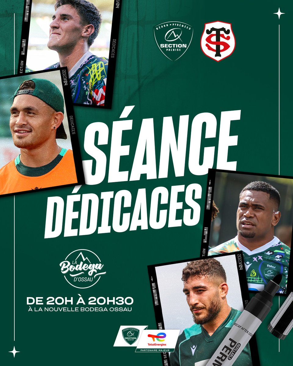 ✍️ Rendez-vous de 20h à 20h30 sous la nouvelle bodega Ossau (côté Sud) pour une 𝒔𝒆́𝒂𝒏𝒄𝒆 𝒅𝒆́𝒅𝒊𝒄𝒂𝒄𝒆𝒔 avec 4 de nos joueurs ! #SPST #TOP14 #HonhaSection