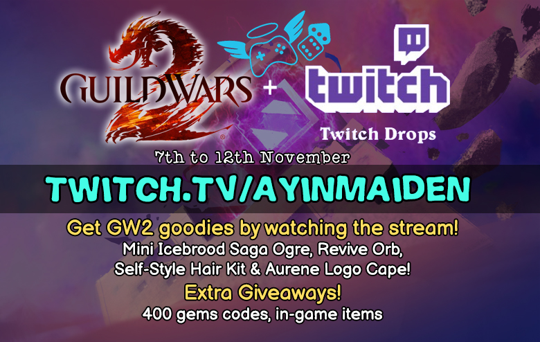 AyinMaiden's tweet photo. New #GuildWars2 update inc!
Follow + RT for chance to win 400 💎!

Join me for #TwitchDrops, #giveways &amp; #ExtraLife!
🔴https://t.co/pXxxa4dz4w 

Make sure to link your #GW2 &amp; #Twitch accounts
💜 https://t.co/aSPBX1EROI
💙 https://t.co/HxhJByvdty

Sponsored by @ArenaNet #charity https://t.co/Xx1WnGM54o