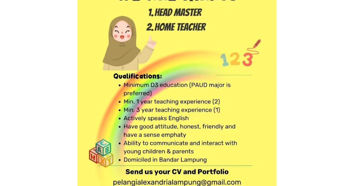 ALEXANDRIA ISLAMICKINDERGARTEN SCHOOLWE ARE HIRING1. HEAD MASTER2. HOME TEACHERQualifications:• Minimum D3 education (PAUD major is preferred)• Min. 1 year teaching experience (2)• Min. 3 year teaching experience (1)• Actively speaks English• Have… dlvr.it/SyNmsL