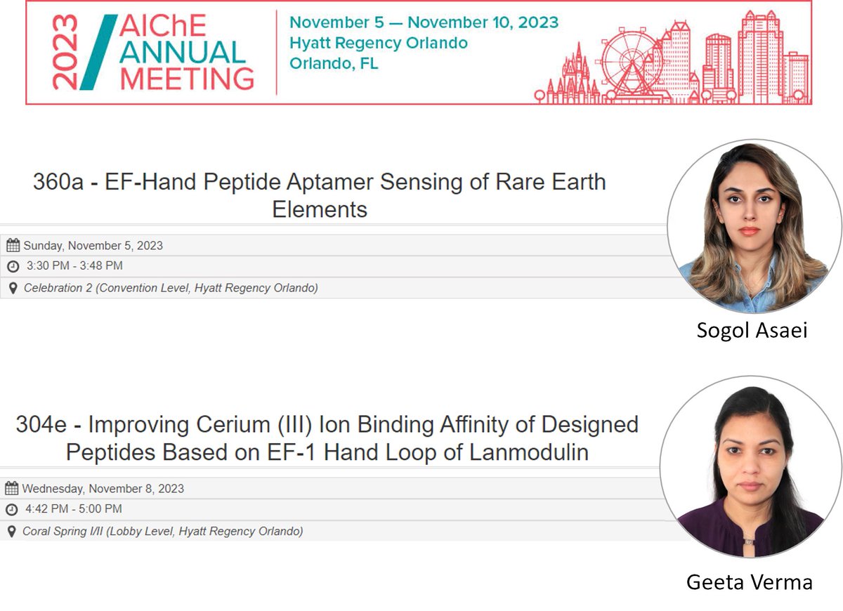 Looking forward to seeing colleagues at #AIChE2023! If you are attending, check out our recent work in rare earth element sensing and capture from our rockstar graduate students Sogol Asaei and Geeta Verma 💫 @CaseEngineer #CWRU