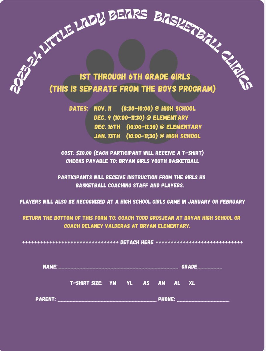 Little Bears will start November 11th. Fill this form out and return it to Coach Grosjean or Coach Valderas. 🐻