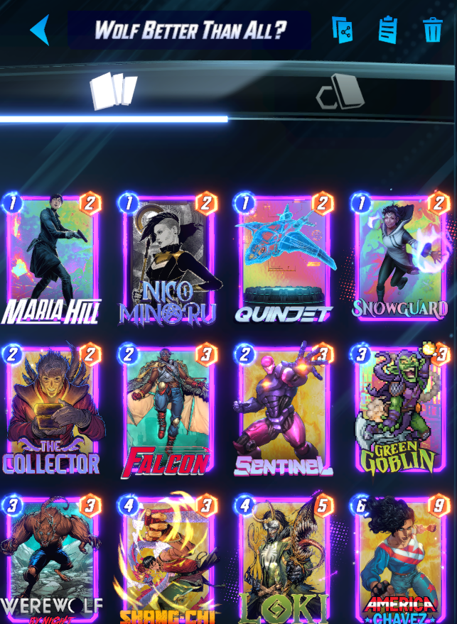 KMBestMS's tweet photo. 🥇Pretty sure this is the best deck in @MARVELSNAP right now.

✈️Plan A: Quinjet + Loki is cheating

🐺Plan B: Werewolf/Collector/Nico/Shang midrange

🎃Goblin is stellar in midrangey mirrors, esp against other Werewolf decks.

Thread + Vid Below! 👇👇 https://t.co/Ks3XjU9JoA