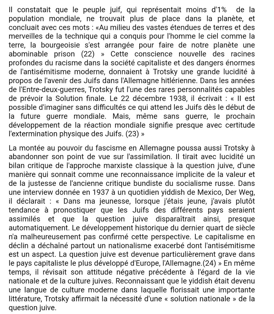 @YanickToutain @HMaler @francoisedegois Trotsky s'est systématiquement trompé sur la 'question juive', de ses écrits sur le mouvement sioniste en 1904 jusqu'à son analyse du nazisme de 1933.
C'est après seulement qu'il a pris conscience de son erreur et de la validité de l'hypothèse bundiste.
lcr-lagauche.be/cm/index.php?v…