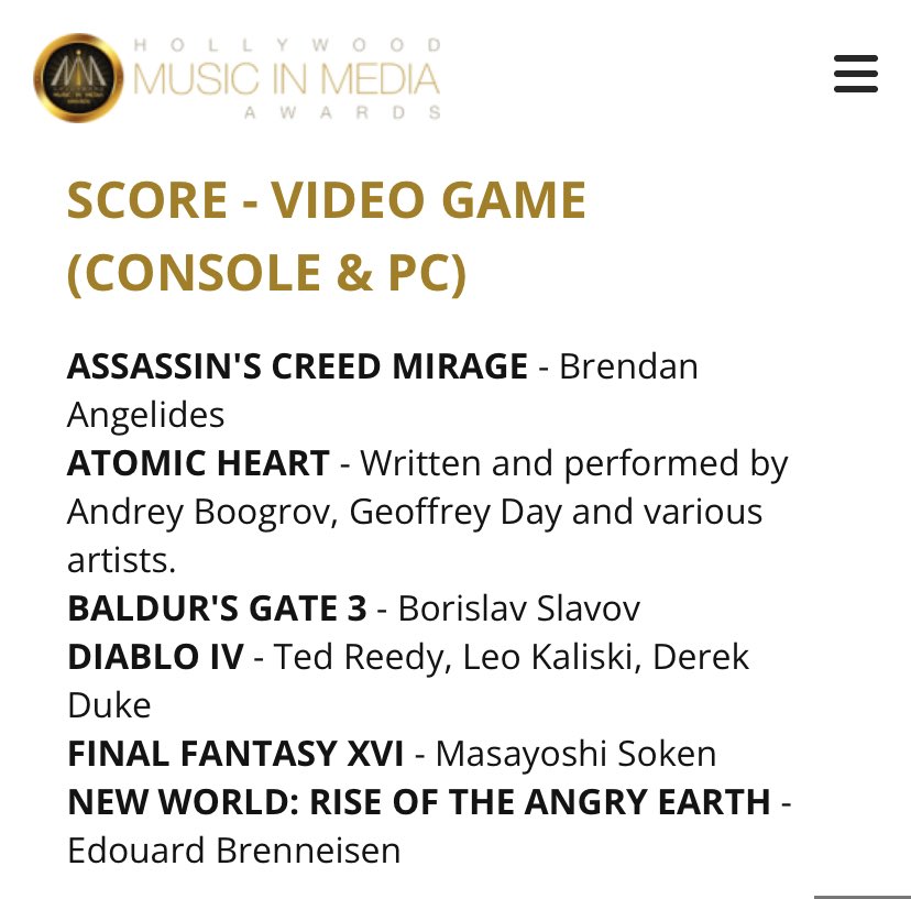 La B.O d’Atomic Heart sur laquelle j’ai bossé à été nominé aux <a href="/HMMAwards/">HollywoodMusicAwards</a> pour l’Award des musique de Jeux vidéo, aux côtés de grandes licences telles que Final Fantasy, Diablo ou encore Assassin’s creed. 
C’est fou 😅