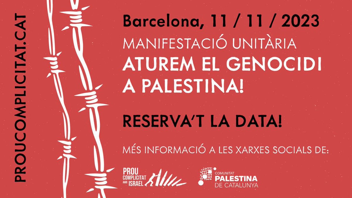AE_LHospitalet's tweet photo. 📣 Guardeu-vos la data!
Dissabte 11 de novembre tornem a sortir amb la @Palestina_cat en una nova manifestació unitària per reclamar  @proucomplicitat i aturar el genocidi a Palestina. 
Aquest dilluns és publicaran l'hora i el lloc definitius. Atentes! 
#AturemElGenocidi https://t.co/38Xo1E3tD2