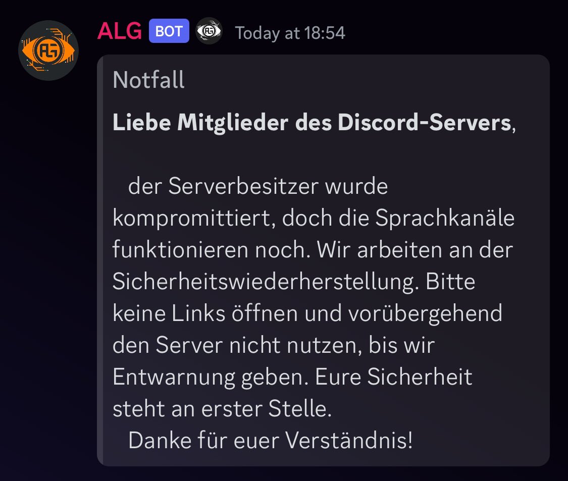 Our fellow friends from the <a href="/apexlegendsDE/">Apex Legends Germany</a> server got compromised.. Moderators rights were removed, server to be sold by alleged French hacker. Hundreds still play daily. No response from <a href="/discord/">Discord</a> after 3 days - despite their partner status 🤔 DC plz help them 🙏🏻 <a href="/Moderatoren_HQ/">Moderatoren HQ</a>