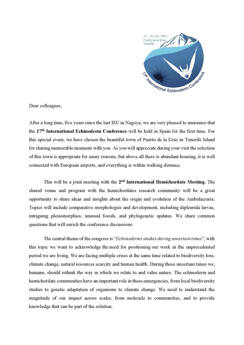 IEC_Tenerife24's tweet image. Hello again! Here you have the First circular of the 17th International Echinoderms and 2nd Hemichordates Conference! 
Don’t miss anything and don&apos;t hesitate to ask us any doubt! Follow us to be updated! #echinoderms #hemichordates #science #conference