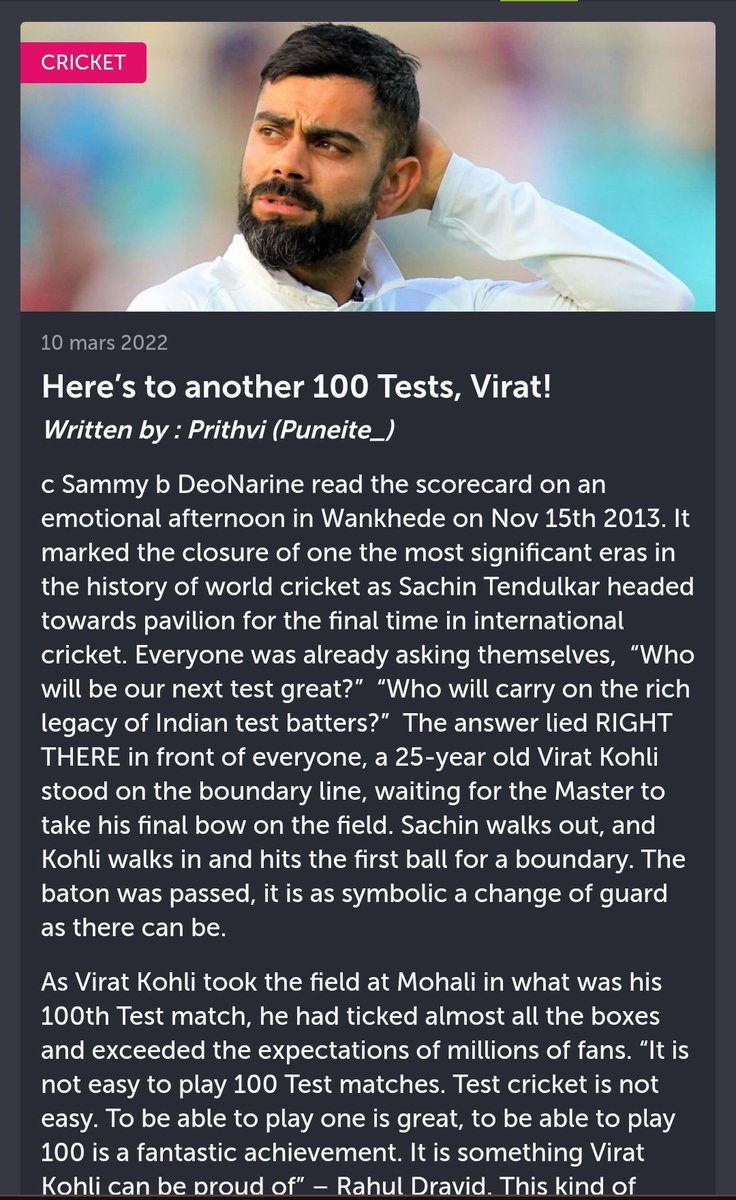 Prithvi10_'s tweet photo. Dekhiye... Main koi writer nahi hun. 

But this is one of the articles that I am most proud of. Had written it on the eve of his 100th test. Happy Birthday, Virat. https://t.co/C9gSSKSd2M