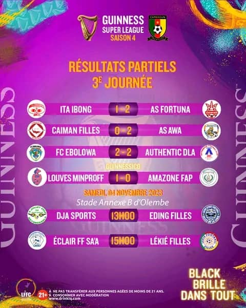 @GSuper_League 

Résultats de la 3ème journée 

#GuinnessSuperLeague 
#LFFC 
#AllezLesLionnes 
#FecafootOfficiel