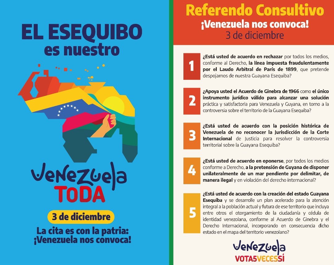 Estas son las preguntas del Referéndum Consultivo del próximo #3Dic. Todas y todos saldremos a votar #5VecesSí para garantizar la Paz en nuestro territorio nacional.

¡Unidos lo lograremos!

 #5VecesSiPorMiEsequibo 
<a href="/NicolasMaduro/">Nicolás Maduro</a> 
<a href="/_LaAvanzadora/">Yelitze Santaella</a> 
<a href="/gracielamarilis/">Graciela Rapisarda</a> 
@MPPEDUCACION