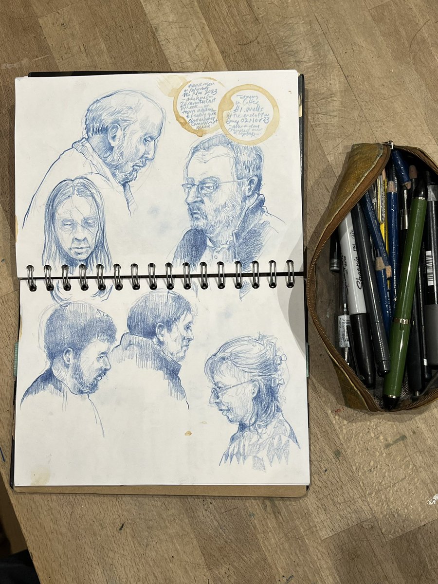 WreckDive's tweet photo. Drawing people in Wells, cafe#1 and Fosso on a sunny autumnal afternoon- always a bit dark in the Lounges, this spread marks the end of another A5 journal after 6 weeks. #streetsketch #portraitdrawing #cafedrawing #sketchbook #journal #urbansketcher #duncancameron #art #draw https://t.co/twnxRASCDN