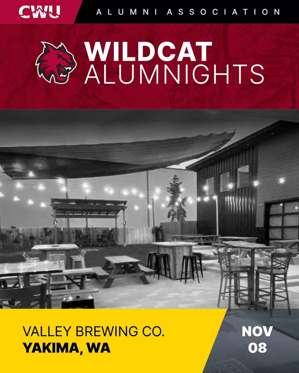 Our next AlumNight will be Wednesday, November 8, at Valley Brewing Co. in Yakima, WA.

Come network with fellow Wildcats, learn more about CWU and the Wildcat community and discover ways you can stay connected or get involved.