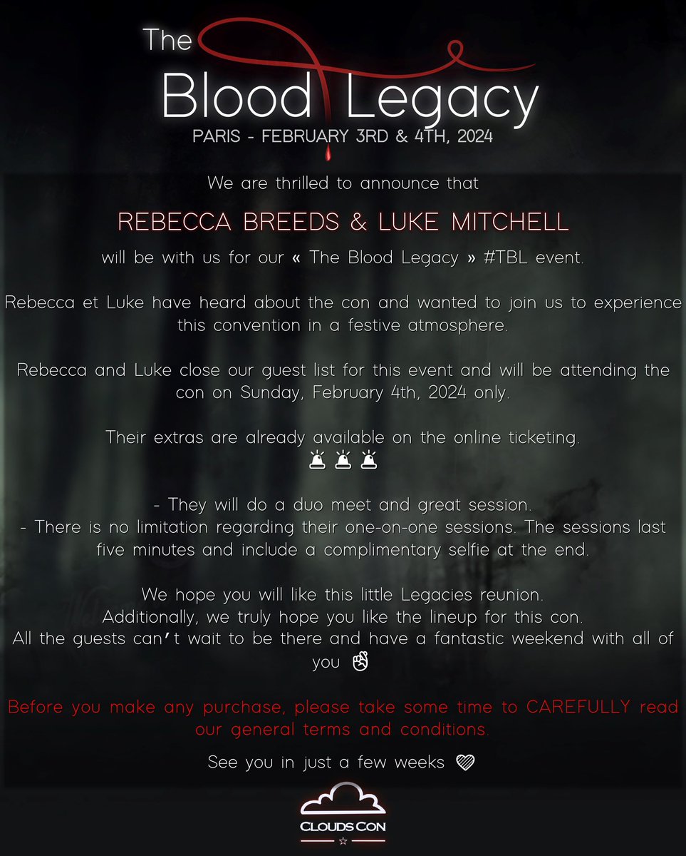 StarsConvs's tweet photo. #TBL #TheBloodLegacy 🩸

We are so thrilled to announce that @BecEBreeds  and @LukeMitchell__ are our last guests for our #TheBloodLegacy convention next February in Paris 🩸

🗓️ February 4th, 2024 ONLY
📍 Paris, FRANCE 🇫🇷

🎟️ Tickets: https://t.co/cwoIHi6Hwe https://t.co/WAapw8af67