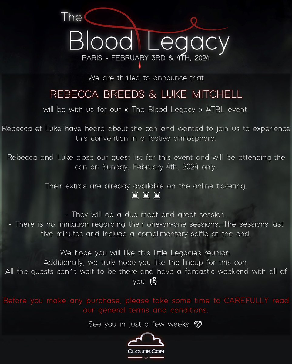 #TBL #TheBloodLegacy 🩸

We are so thrilled to announce that @BecEBreeds  and @LukeMitchell__ are our last guests for our #TheBloodLegacy convention next February in Paris 🩸

🗓️ February 4th, 2024 ONLY
📍 Paris, FRANCE 🇫🇷

🎟️ Tickets: billetweb.fr/the-blood-lega…