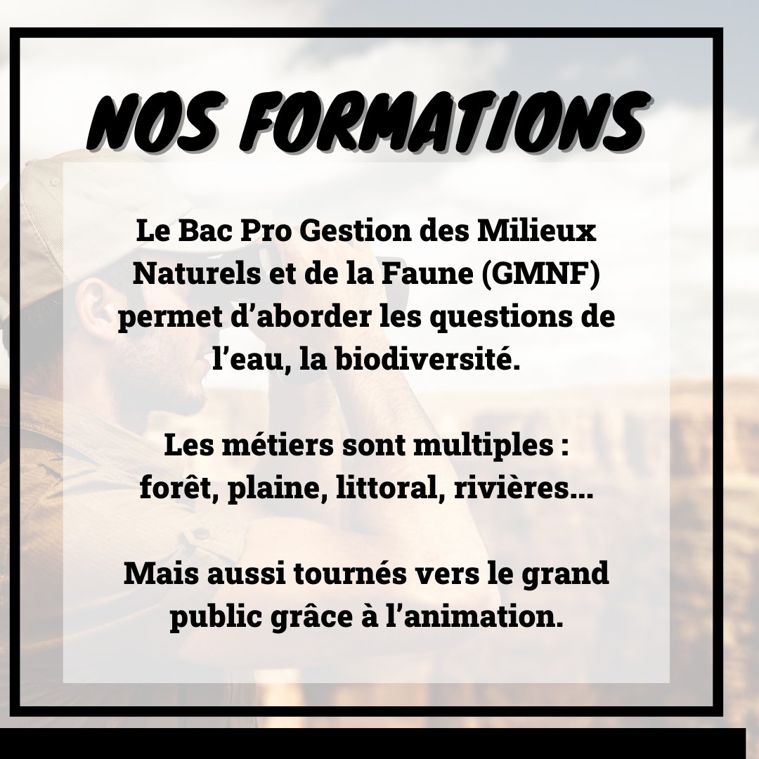 MFRPOITOU's tweet photo. 🌍 Découvrez la biodiversité de la France grâce au Bac Pro GMNF 🦉. Formation exceptionnelle pour les amoureux de la nature. Protégez l'environnement, partagez votre passion, changez le monde ! 💬 Visitez notre site : [https://t.co/dPTVBSA0on 🦋💚 #Biodiversité #GMNF #Formation https://t.co/azX2yqOKZK