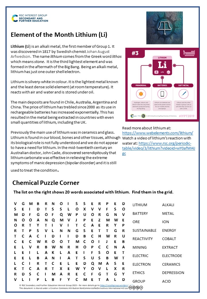 *NEW* belated edition #16 of our @SFEd_RSC Chemical Allsorts. Loads of interesting chemistry (the element Lithium & ethical issues about it) plus a wordsearch for your students. Share with your colleagues & students today! rscsafegroup.files.wordpress.com/2023/11/chemic… #chemed #chemistry @RSC_EiC