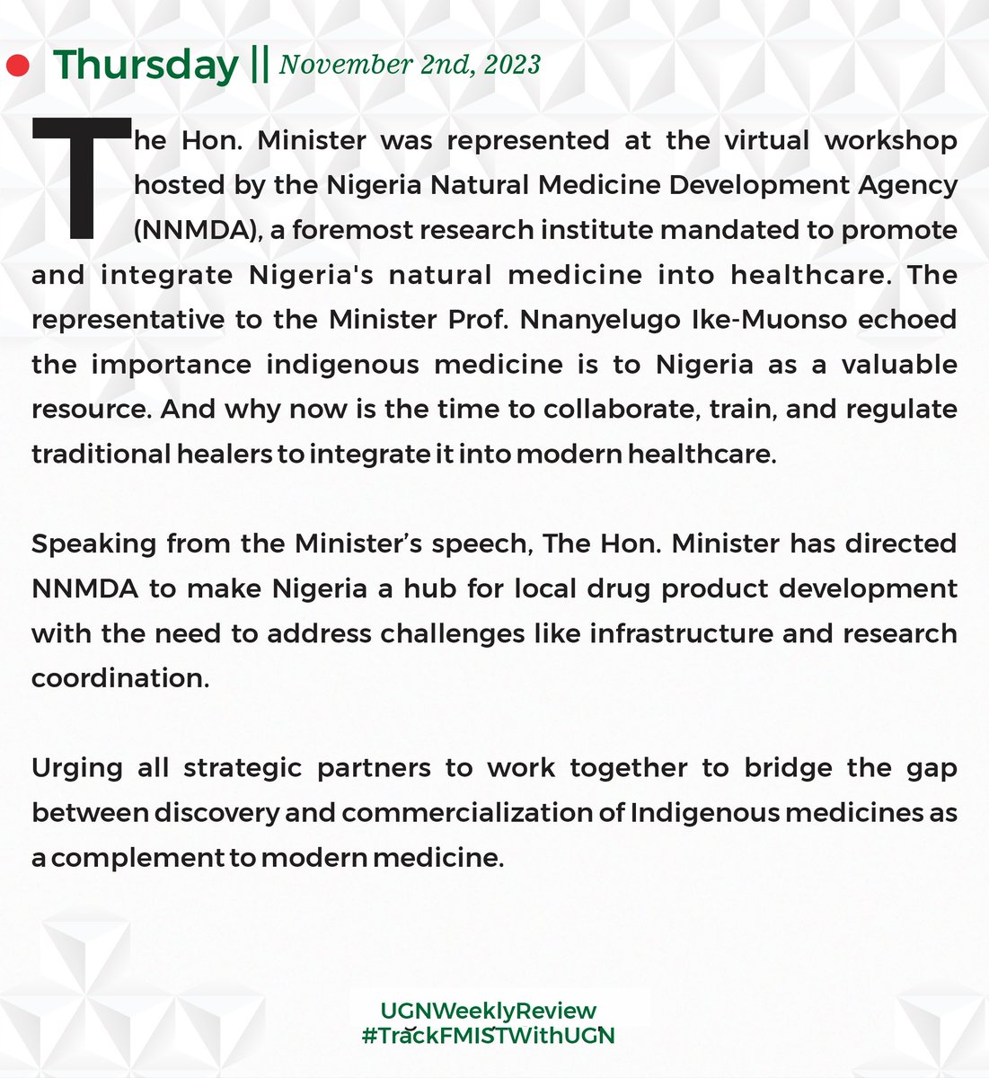 ChiefUcheNnaji's tweet photo. Key highlights:
30th October- 3rd November, 2023:
The Ministers Retreat Week.
#BuildwithUGN
#ScienceForNigeria
#UGNWeeklyReview
#TrackFMISTWithUGN
#FMISTWithUGN https://t.co/mNflOBjO1a