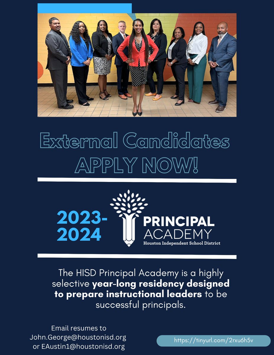 We will be welcoming new external candidates to the #HISDPrincipalAcademy with a selection process that begins Friday November 10th.  Apply today & send your resume to John.George@houstonisd.org or EAustin1@houstonisd.org.  DM me with any questions! #GrowingLeaders