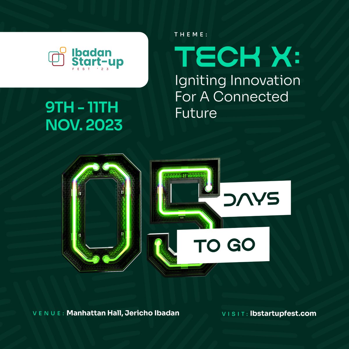 The timer is now running! As we get ready for Ibadan Startup Fest, a center of creativity, disruption, and endless possibilities, excitement is growing. Be part of the revolution!   @ibstartupfest  

#ibadanstartupfest23 #PacesetterState #ProudlyOyo #ibadan #Oyo state